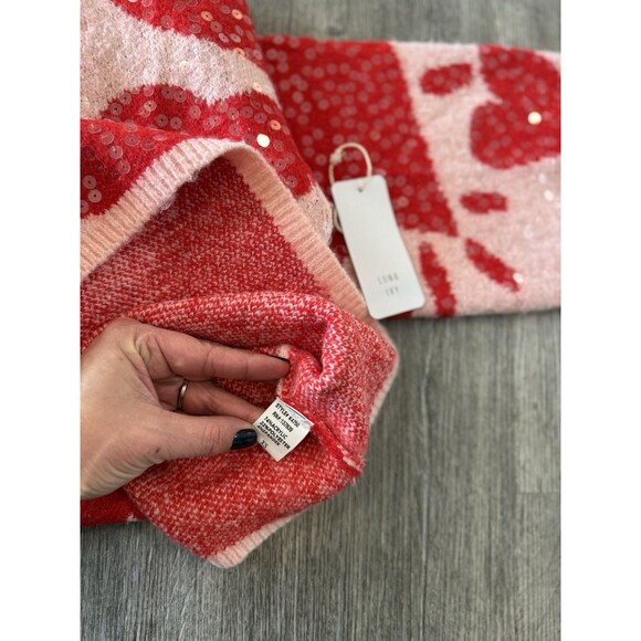 Luna Ivy  Sweater Pink Red Heart Sequin Long Sleeve Crew Neck Size XS NWT - Picture 5 of 8